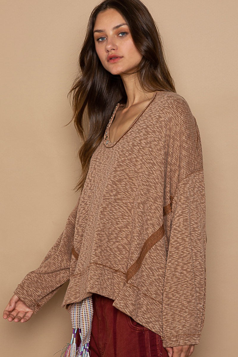 POL Button Detail Scoop Neck Tacked Sleeves Ribbed Top