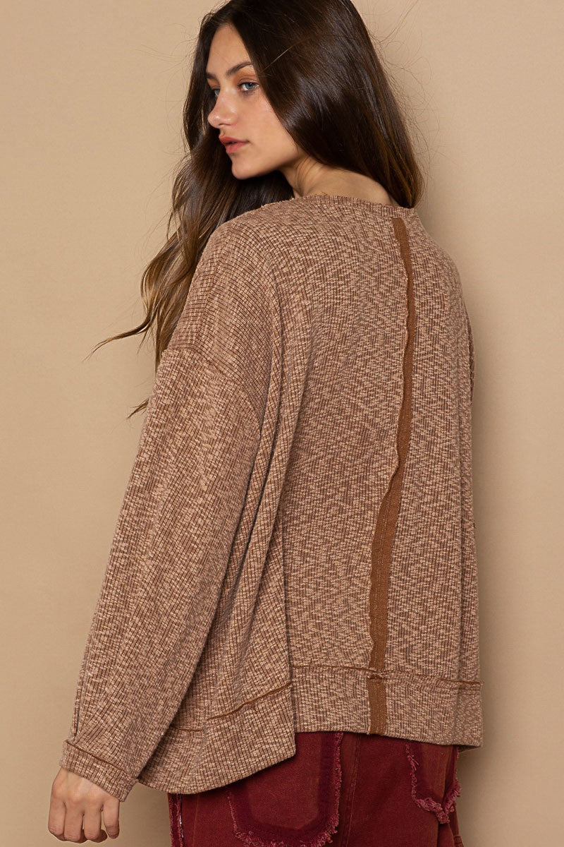 POL Button Detail Scoop Neck Tacked Sleeves Ribbed Top