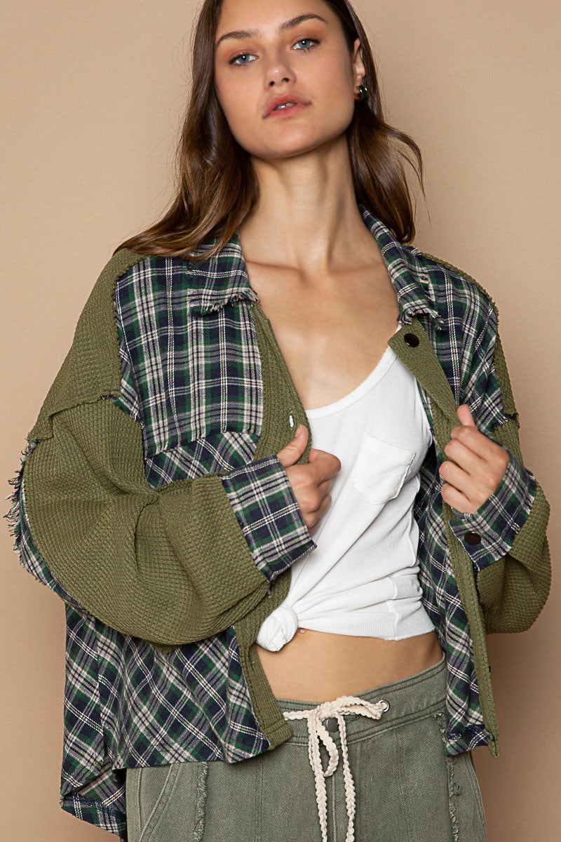 POL Contrast Chest Pocket Plaid Button Down Shirt Jacket