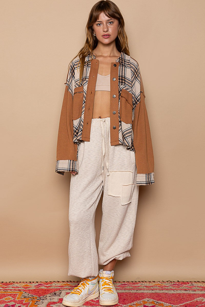 POL Contrast Chest Pocket Plaid Button Down Shirt Jacket