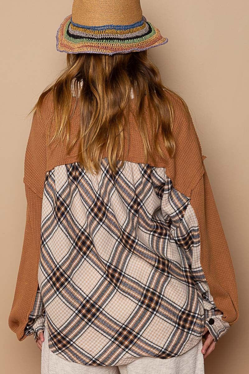 POL Contrast Chest Pocket Plaid Button Down Shirt Jacket - Roulhac Fashion Boutique