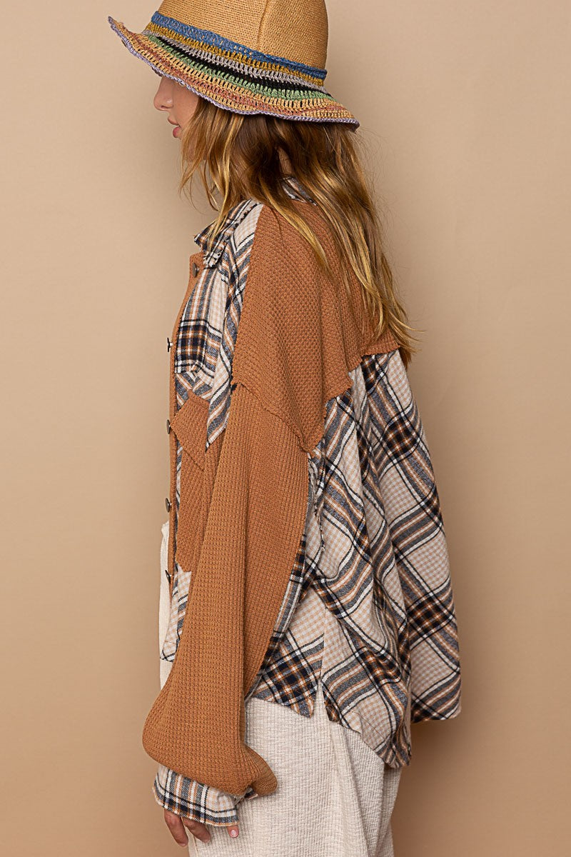 POL Contrast Chest Pocket Plaid Button Down Shirt Jacket - Roulhac Fashion Boutique