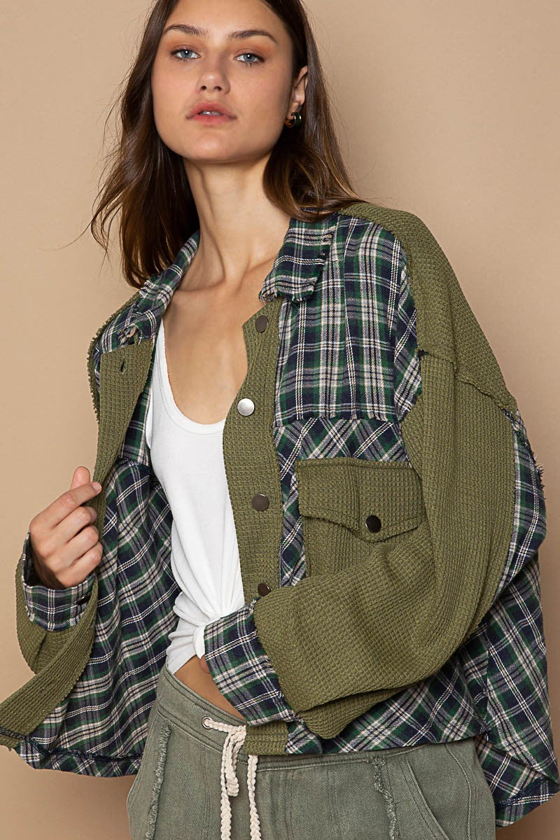 POL Contrast Chest Pocket Plaid Button Down Shirt Jacket