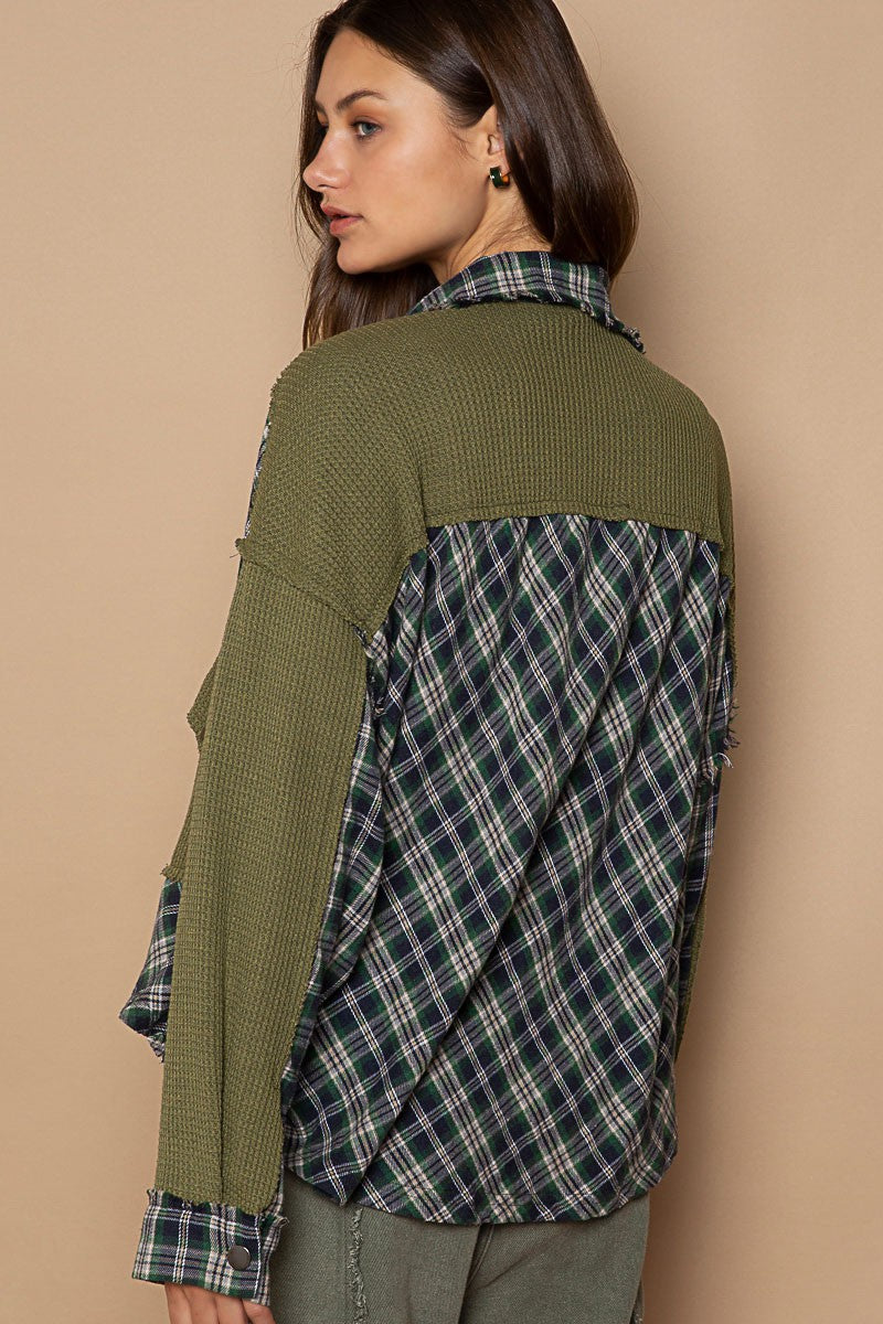 POL Contrast Chest Pocket Plaid Button Down Shirt Jacket