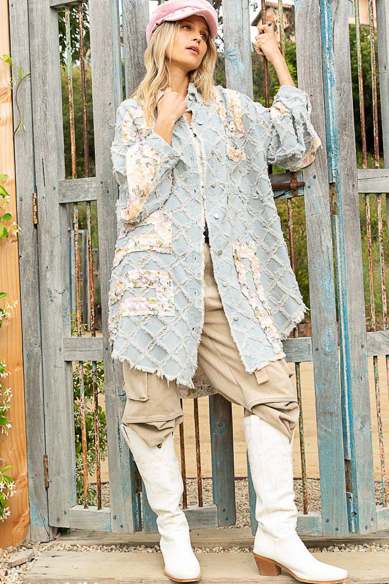 POL Floral Print Frayed Texture Button Down Long Sleeves Shacket - Roulhac Fashion Boutique