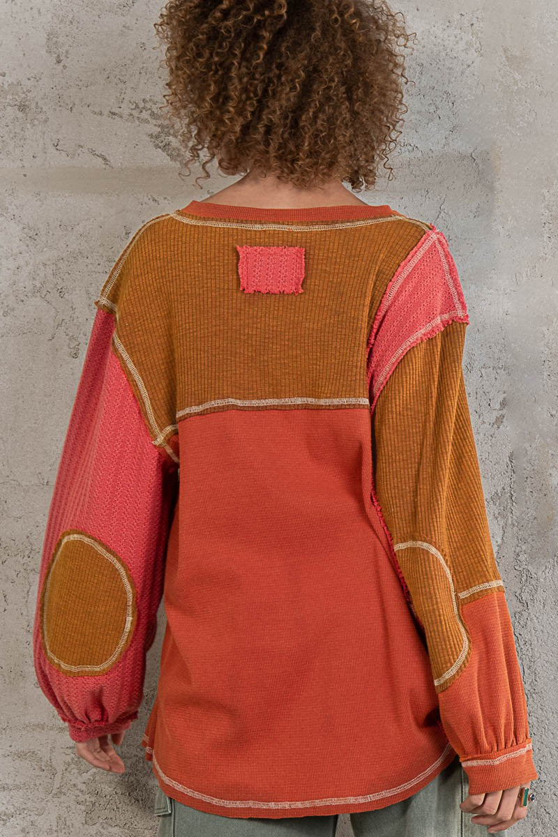 POL V Neck Contrast Knit Panels Color Block Top