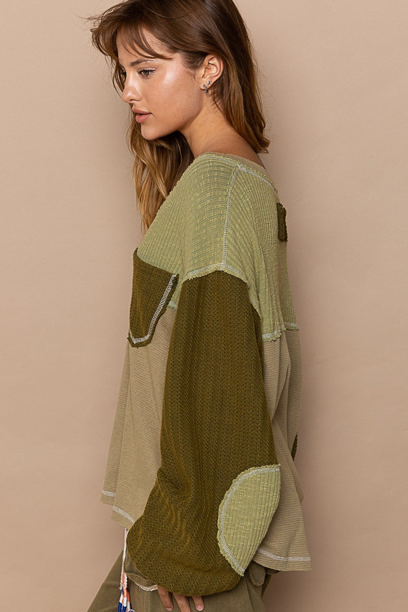 POL V Neck Contrast Knit Panels Color Block Top