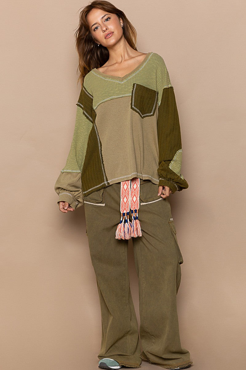 POL V Neck Contrast Knit Panels Color Block Top