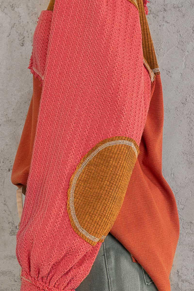 POL V Neck Contrast Knit Panels Color Block Top