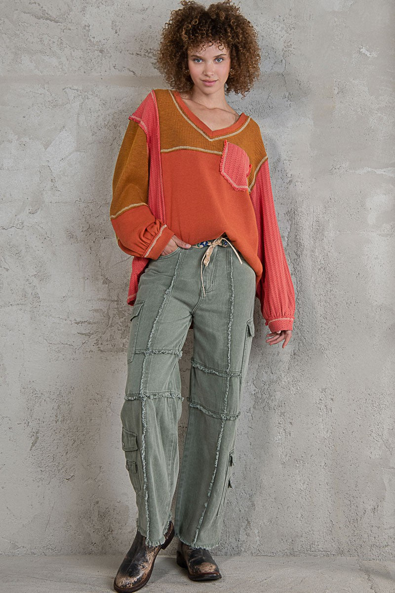 POL V Neck Contrast Knit Panels Color Block Top