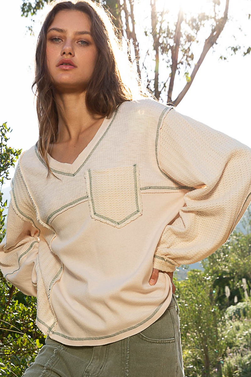 POL V Neck Contrast Knit Panels Color Block Top