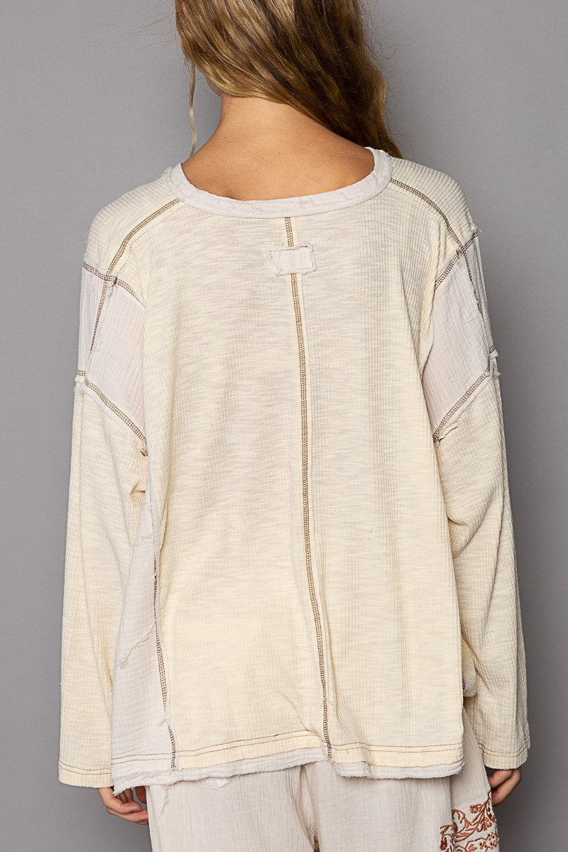 POL Oversized V Neck Ribbed Long Sleeve Top