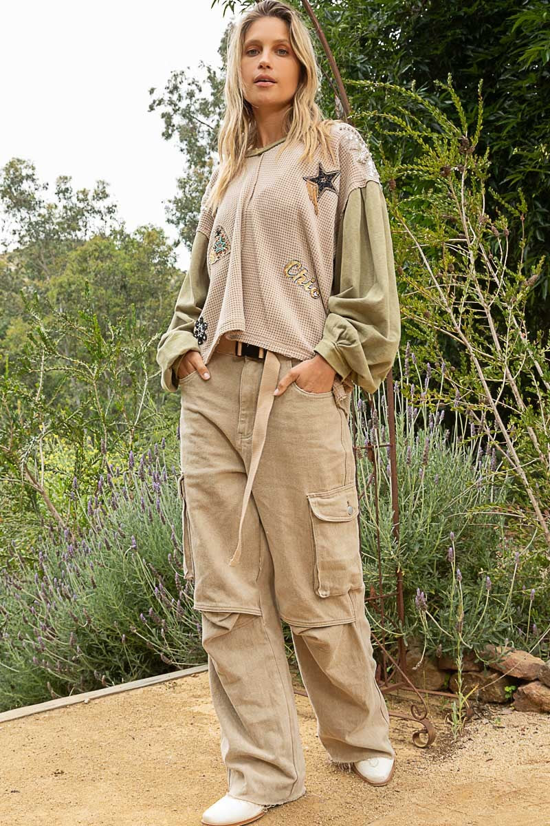 POL Glam Patches V Neck Contrast Long Sleeves Knit Top