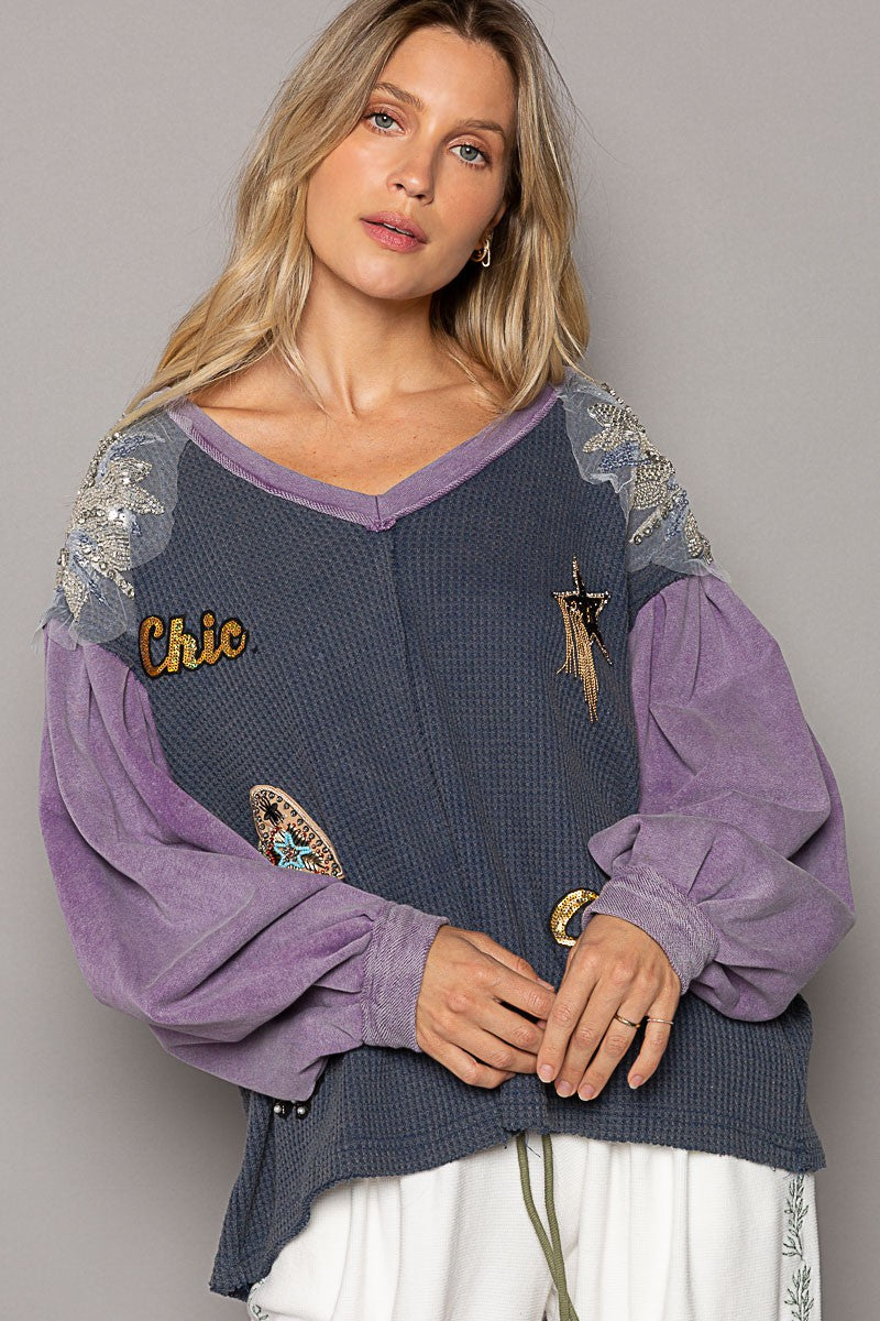 POL Glam Patches V Neck Contrast Long Sleeves Knit Top