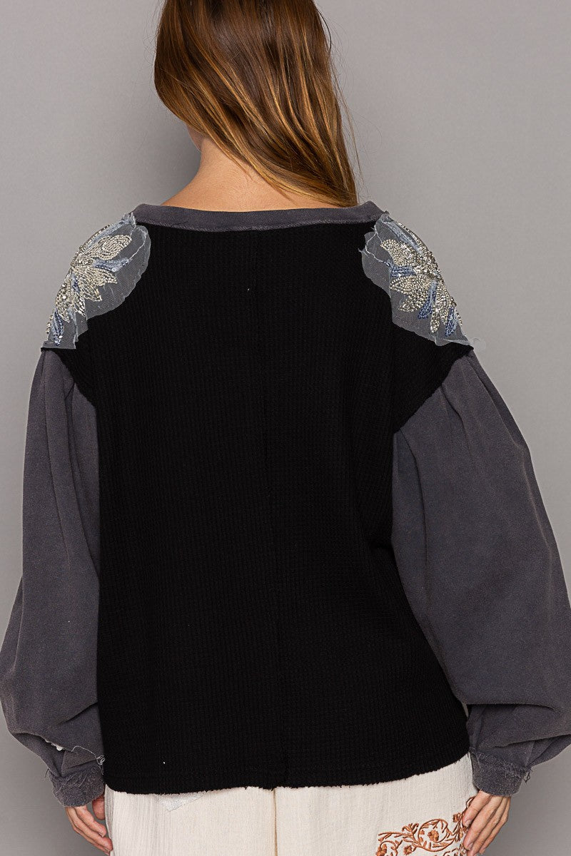 POL Glam Patches V Neck Contrast Long Sleeves Knit Top