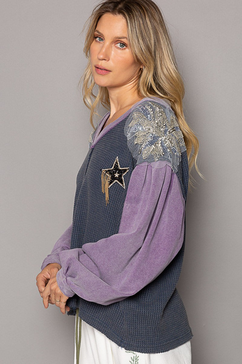 POL Glam Patches V Neck Contrast Long Sleeves Knit Top