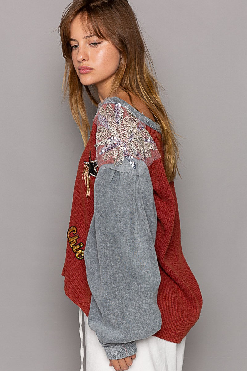 POL Glam Patches V Neck Contrast Long Sleeves Knit Top