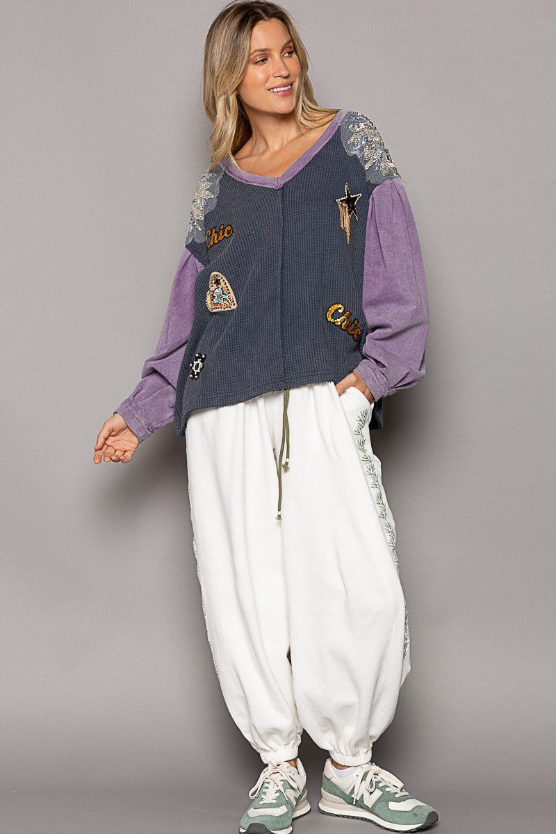 POL Glam Patches V Neck Contrast Long Sleeves Knit Top