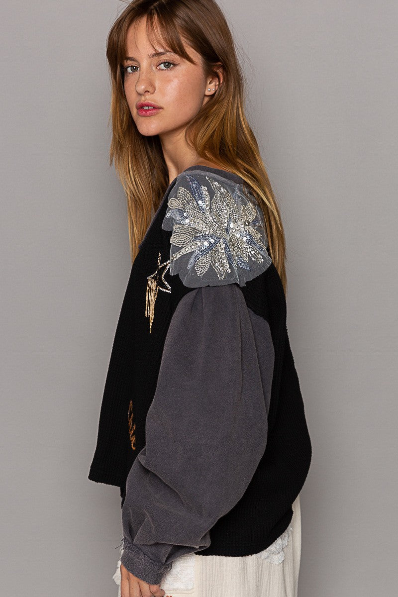 POL Glam Patches V Neck Contrast Long Sleeves Knit Top