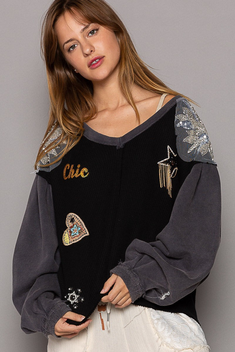 POL Glam Patches V Neck Contrast Long Sleeves Knit Top