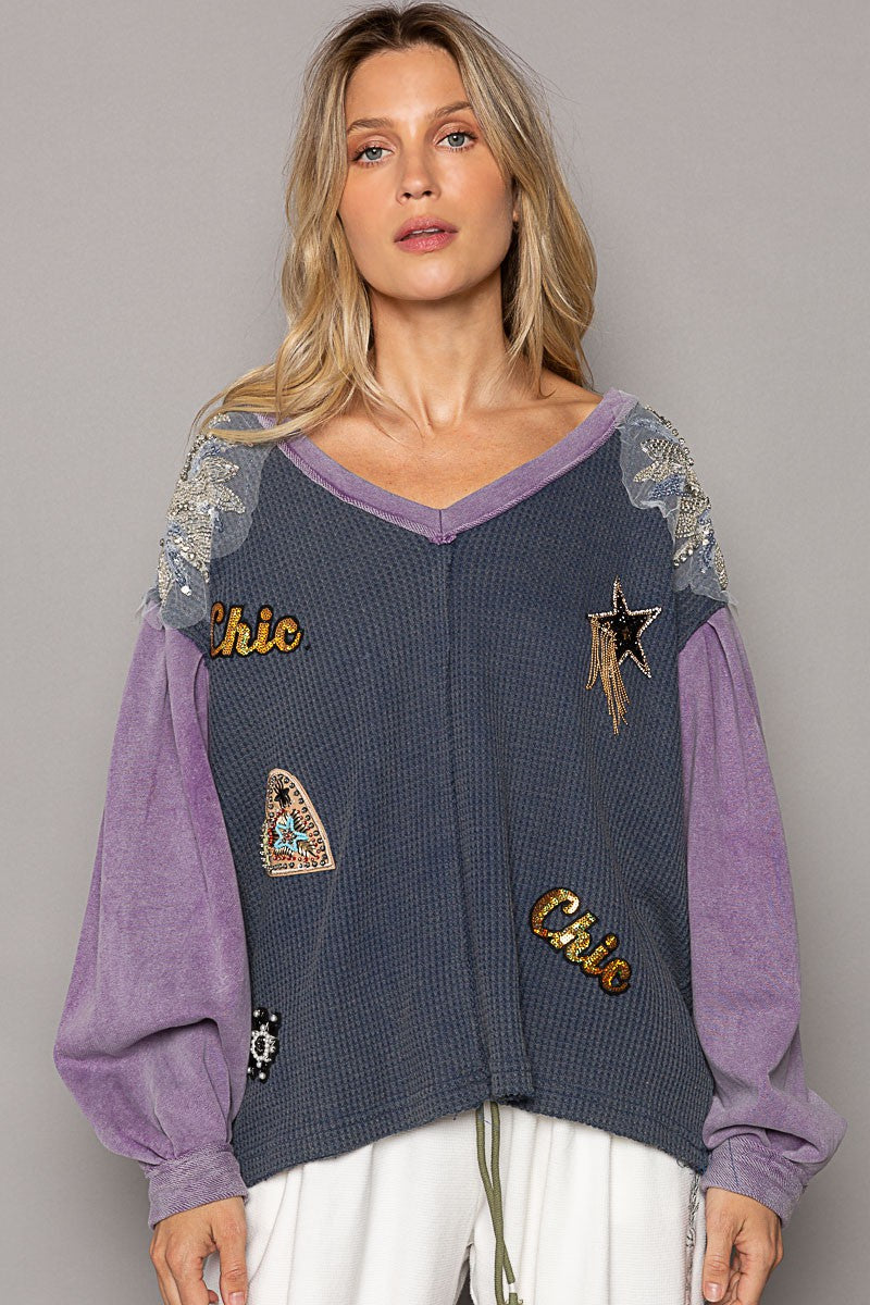 POL Glam Patches V Neck Contrast Long Sleeves Knit Top