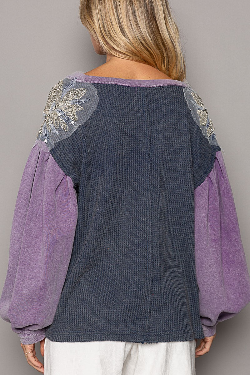 POL Glam Patches V Neck Contrast Long Sleeves Knit Top