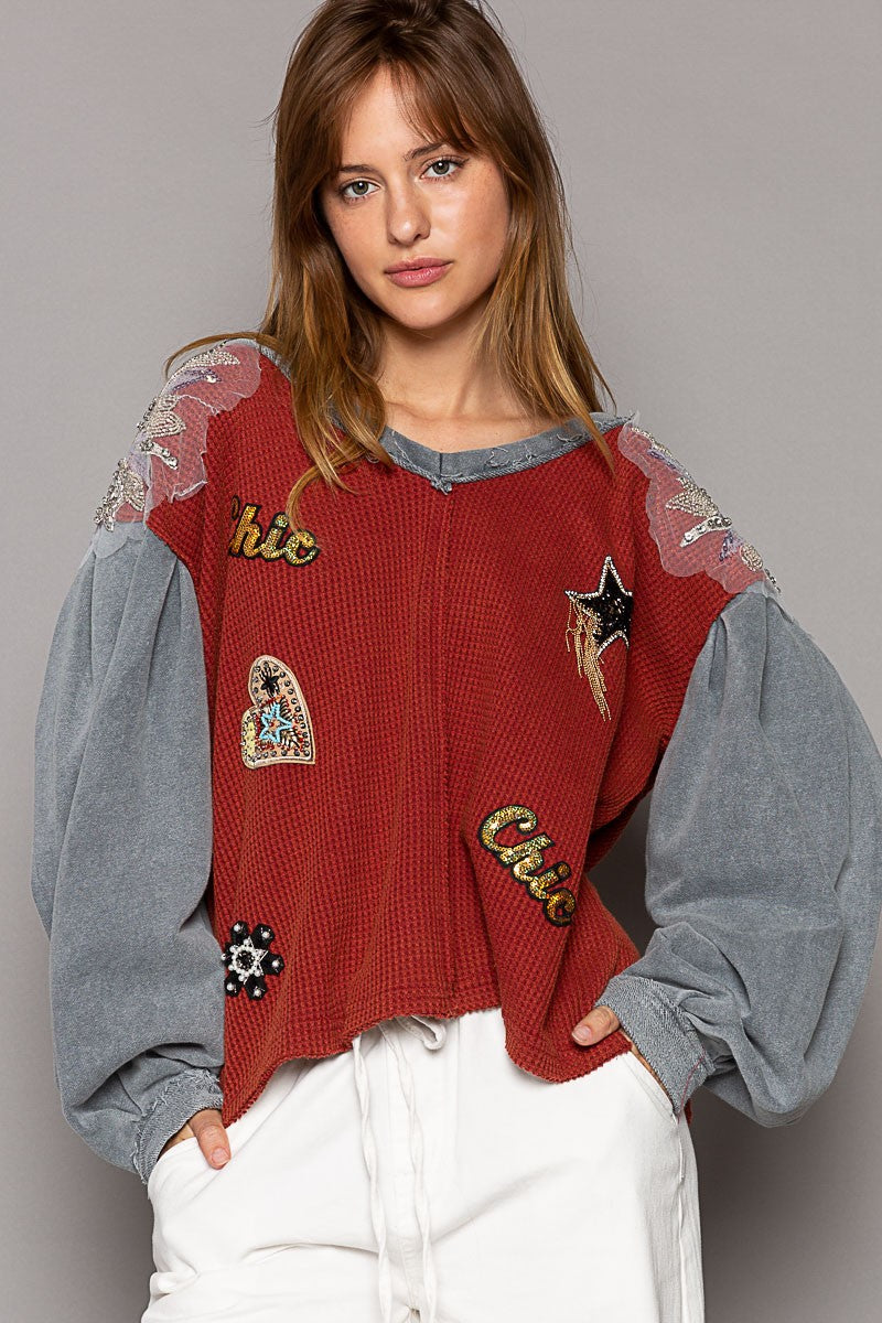 POL Glam Patches V Neck Contrast Long Sleeves Knit Top