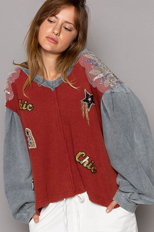 POL Glam Patches V Neck Contrast Long Sleeves Knit Top