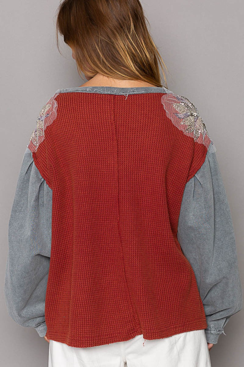 POL Glam Patches V Neck Contrast Long Sleeves Knit Top