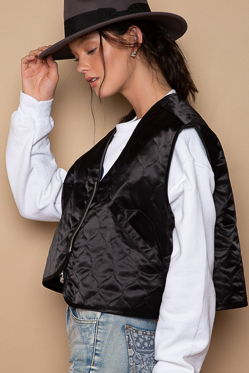 POL Zipper Pockets Sleeveless Animal Print Lining Quilted Vest - Roulhac Fashion Boutique