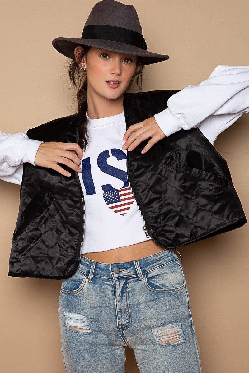 POL Zipper Pockets Sleeveless Animal Print Lining Quilted Vest - Roulhac Fashion Boutique