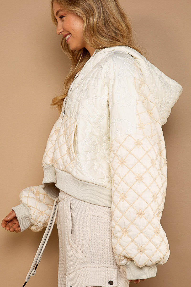 POL Floral Embroidery Zipper Front Puff Rib Band Jacket