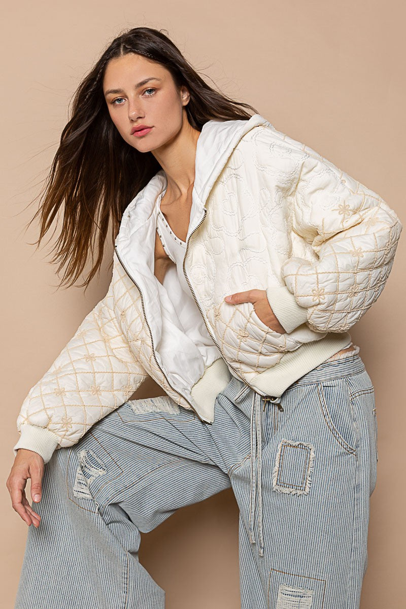 POL Floral Embroidery Zipper Front Puff Rib Band Jacket