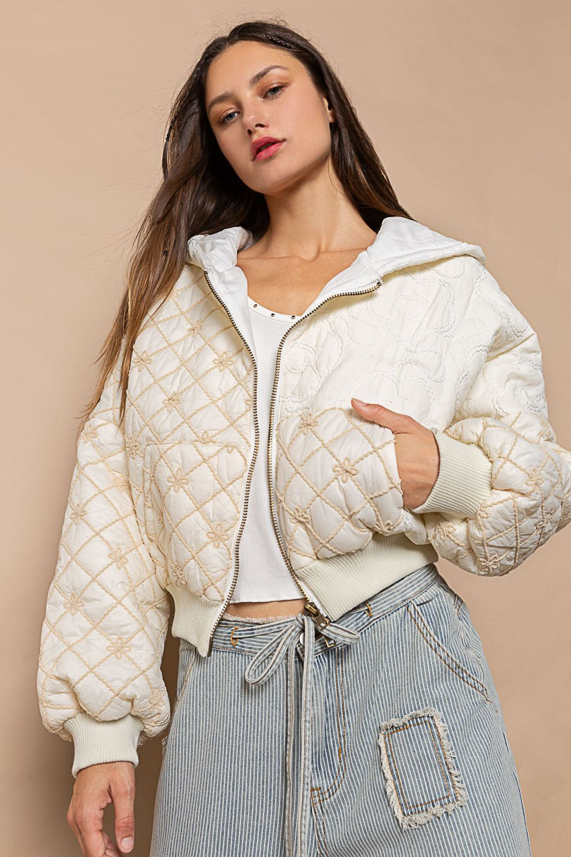 POL Floral Embroidery Zipper Front Puff Rib Band Jacket