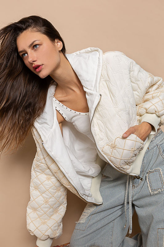 POL Floral Embroidery Zipper Front Puff Rib Band Jacket