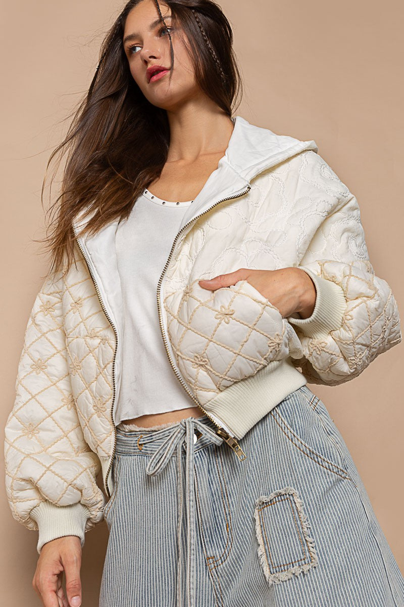 POL Floral Embroidery Zipper Front Puff Rib Band Jacket