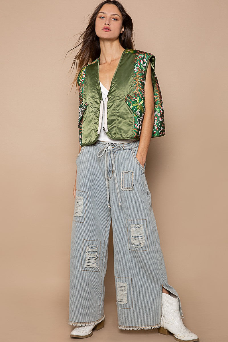 POL Print Jacquard Zipper V-Neck Sleeveless Quilted Woven Vest Jacket - Roulhac Fashion Boutique