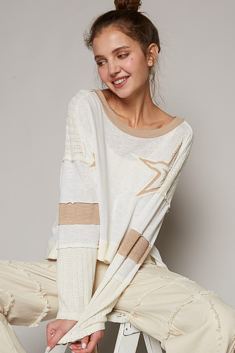 POL Star Patch Long Sleeve Cropped Knit Top