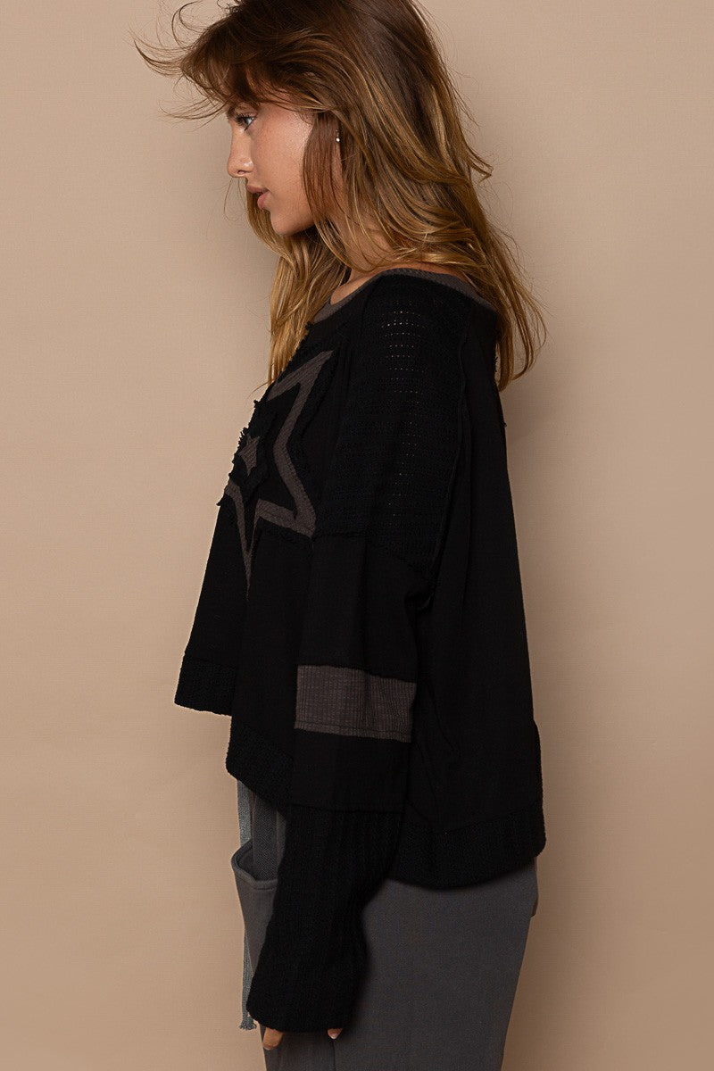POL Star Patch Long Sleeve Cropped Knit Top