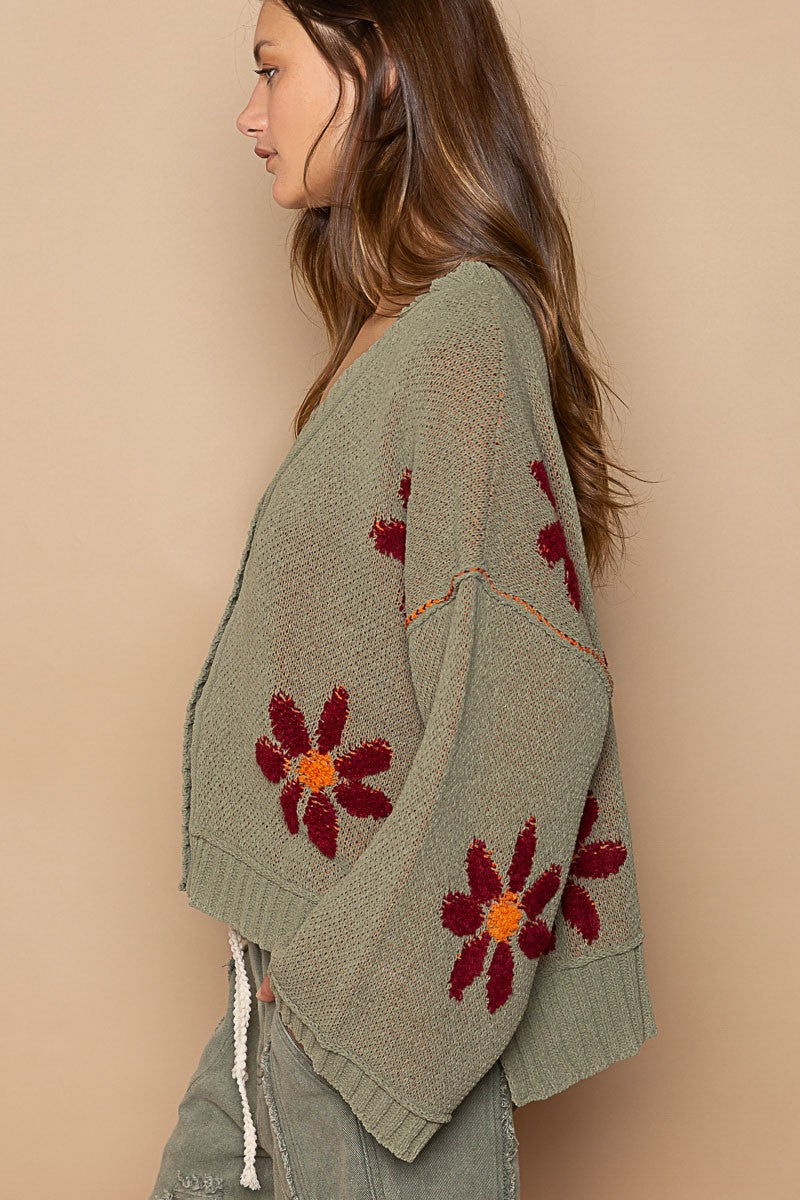 POL Fleece Floral Pattern Button Down Cardigan Sweater Top