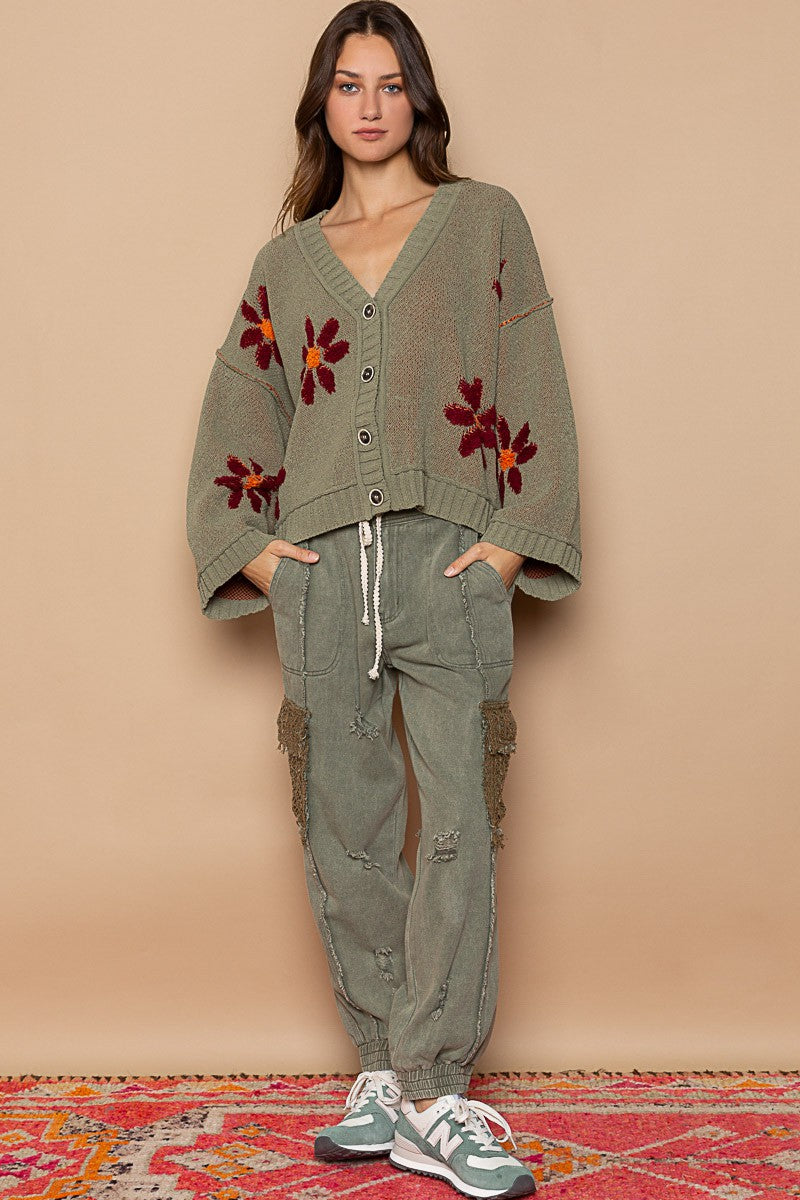 POL Fleece Floral Pattern Button Down Cardigan Sweater Top