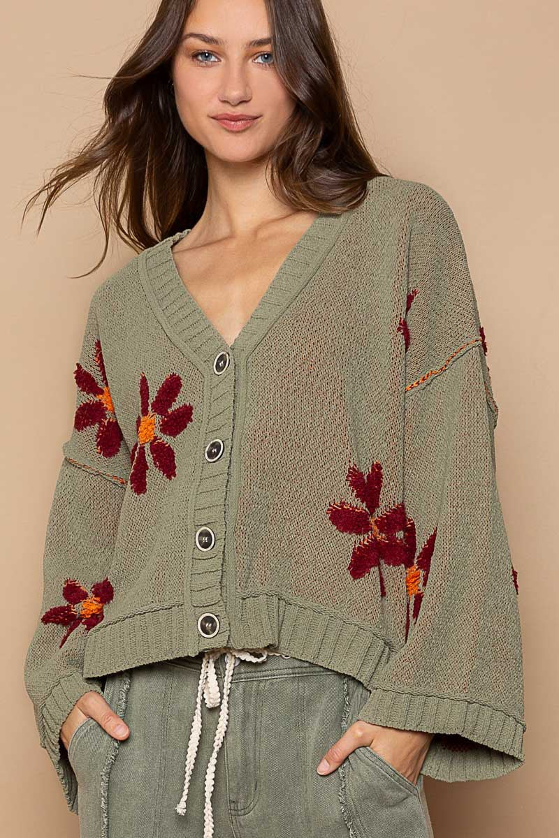 POL Fleece Floral Pattern Button Down Cardigan Sweater Top