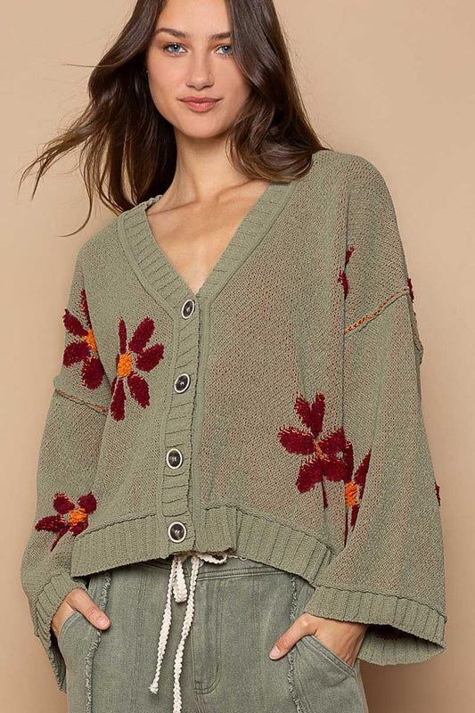 POL Fleece Floral Pattern Button Down Cardigan Sweater Top