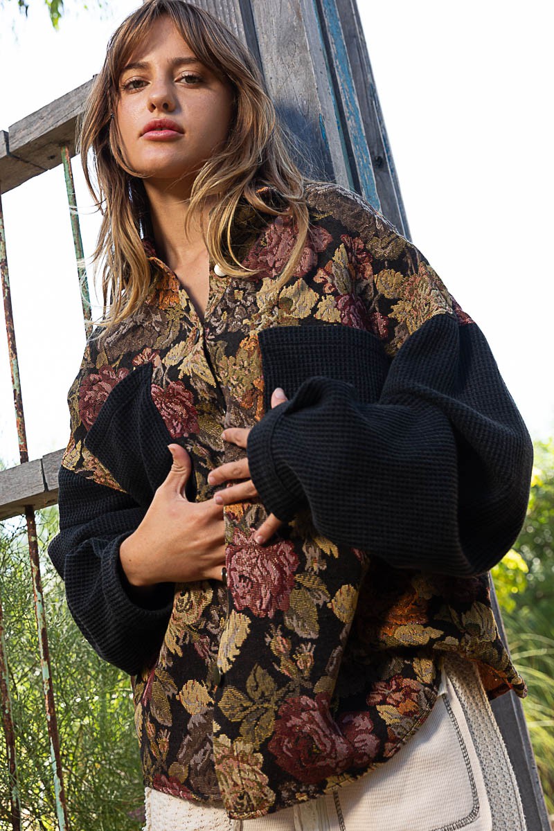 POL Contrast Sleeves Button Down Floral Jacquard Shirt - Roulhac Fashion Boutique