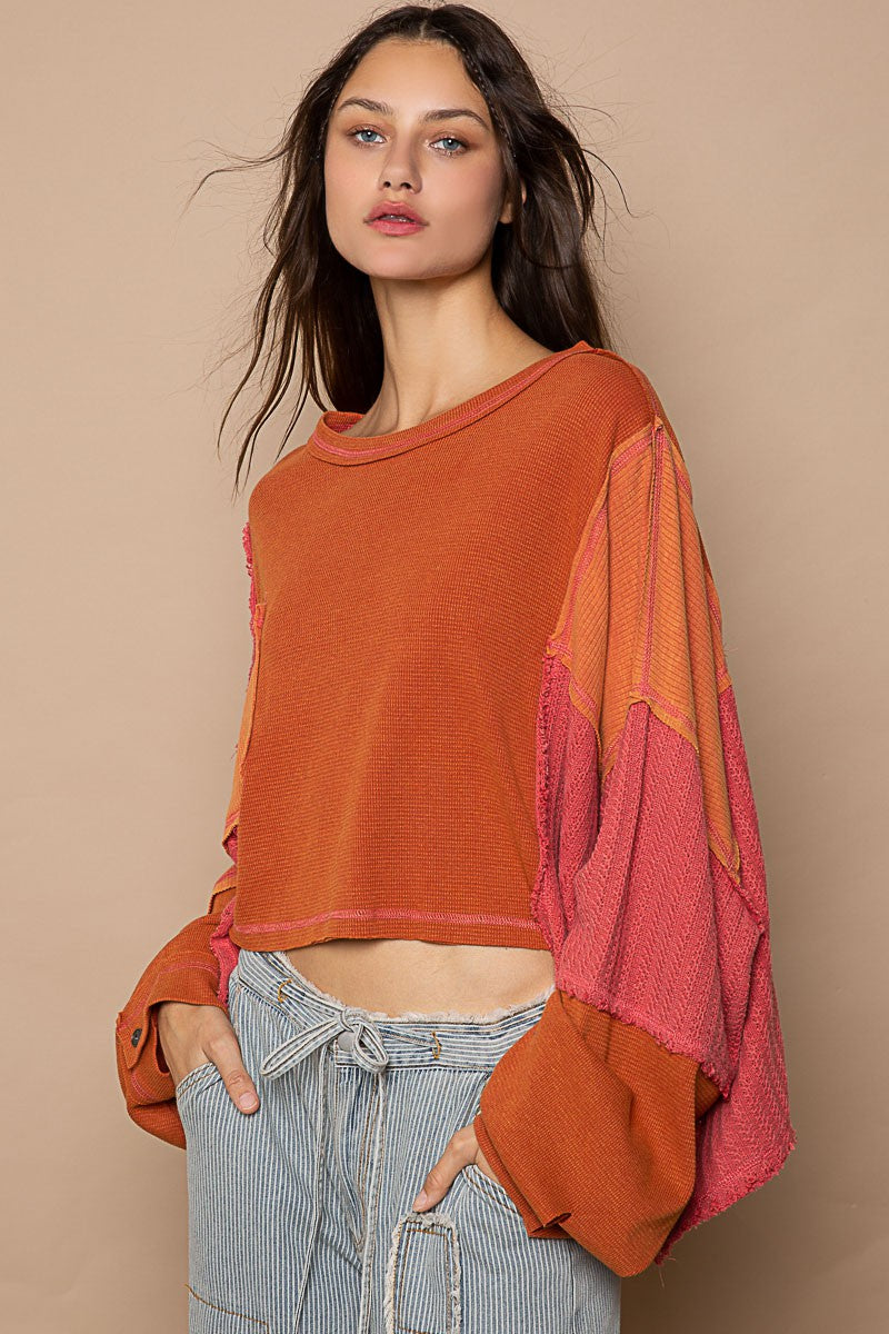 POL Mixed Oversize Cut Sew Fabric Round Neck Top