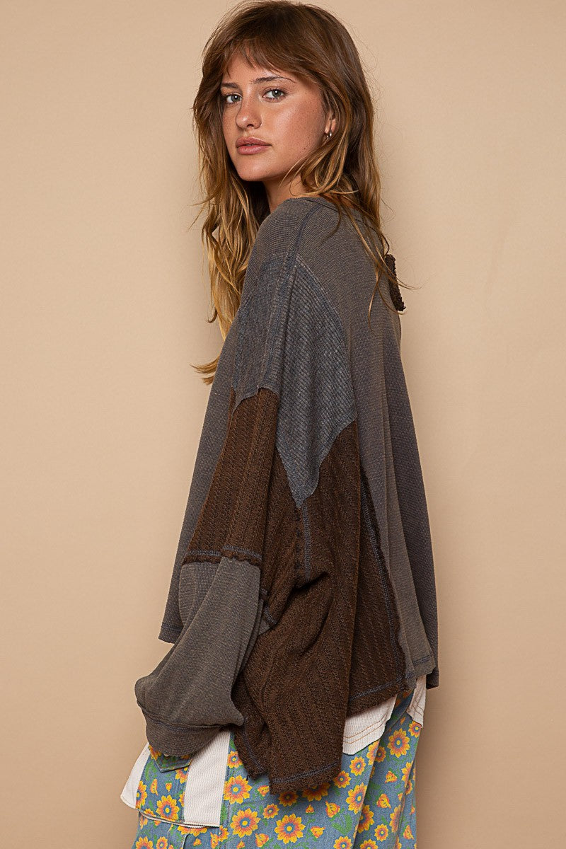 POL Mixed Oversize Cut Sew Fabric Round Neck Top