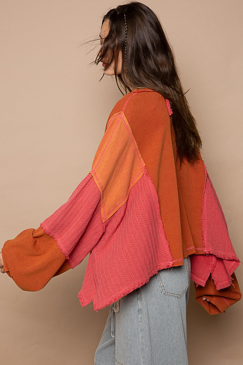 POL Mixed Oversize Cut Sew Fabric Round Neck Top