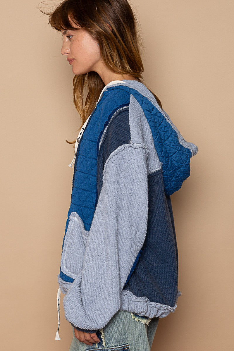 POL Cut Sew Multi Fabric Hooded Button Down Oversized Fit Shacket