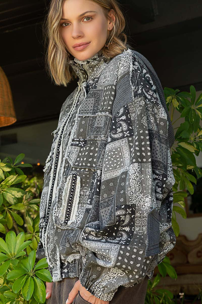 POL Zipper Thermal Hooded Long Sleeves High Neck Paisley Print Jacket - Roulhac Fashion Boutique