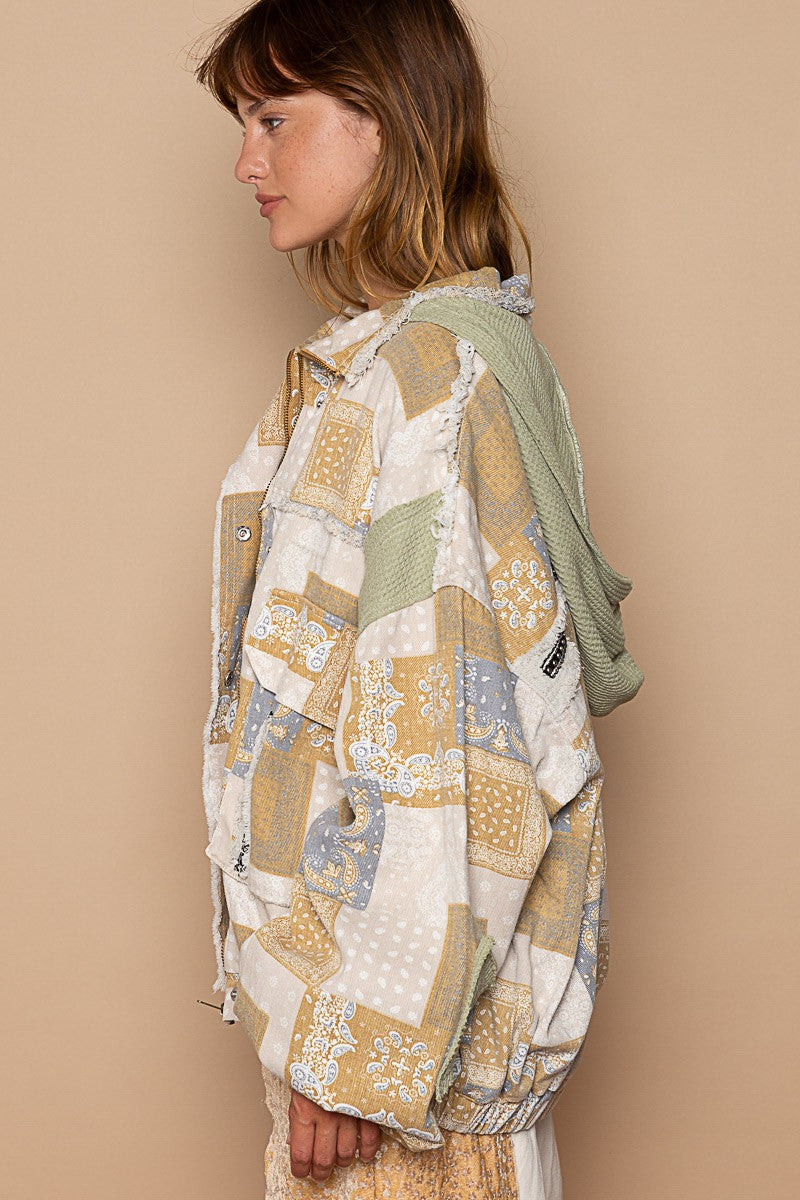 POL Zipper Thermal Hooded Long Sleeves High Neck Paisley Print Jacket